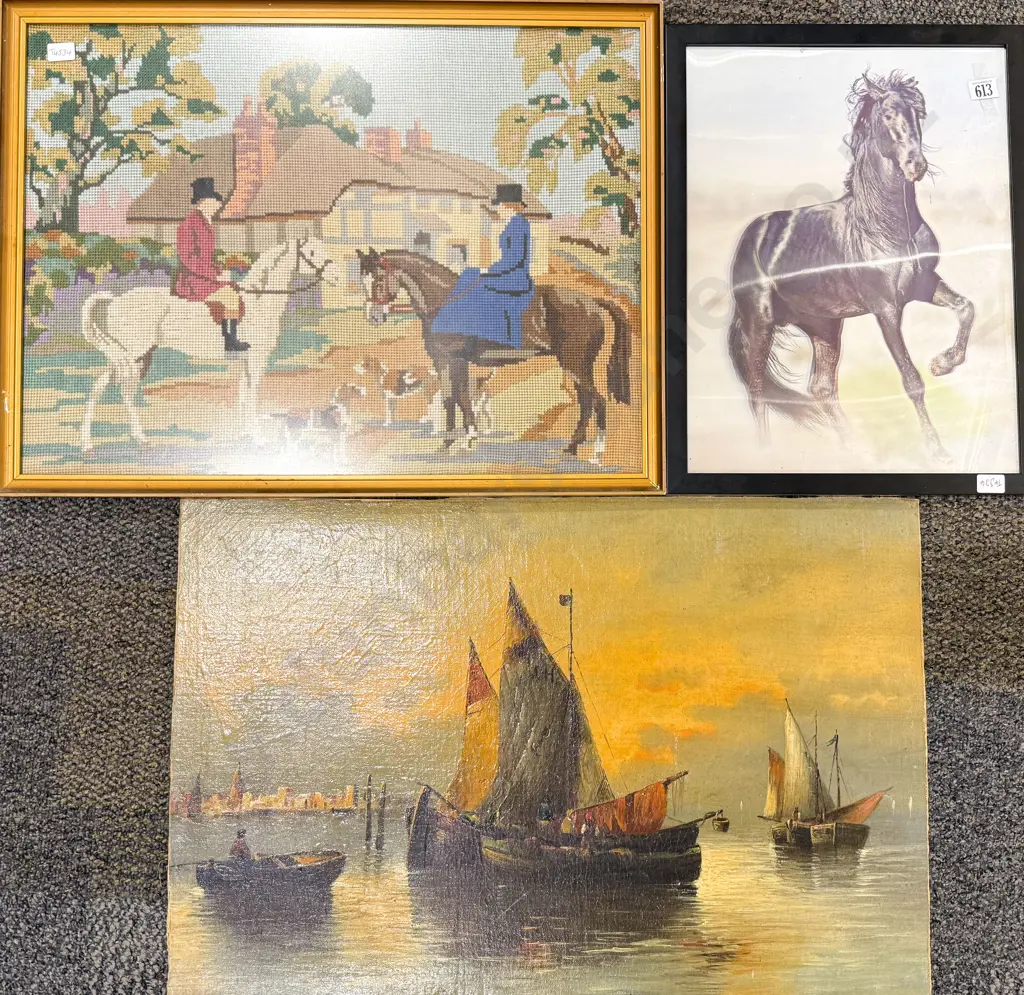 Tapestry Hunting Scene together with Framed Holographic Horse & Unframed Work Image 1++
