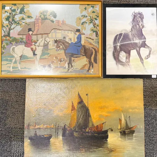 Tapestry Hunting Scene together with Framed Holographic Horse & Unframed Work