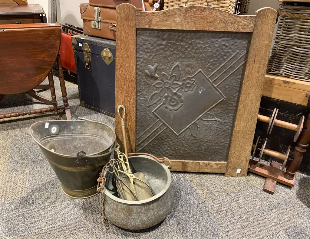 Brass Coal Bucket & Assorted Fire Tidy Items together with Hanging Pot Image 1++