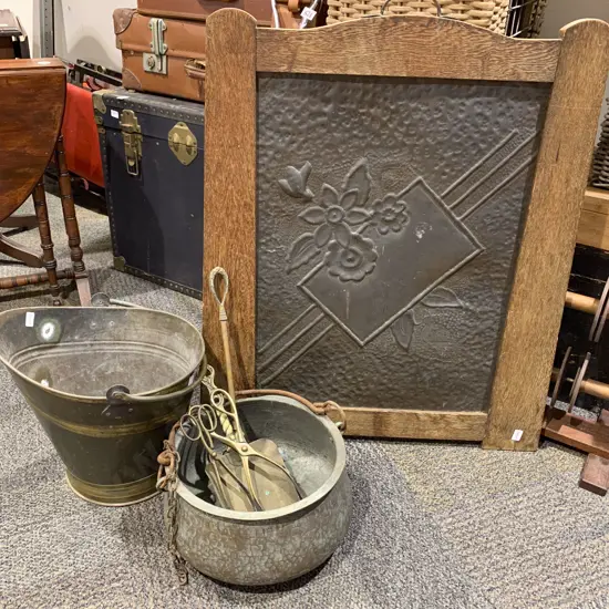 Brass Coal Bucket & Assorted Fire Tidy Items together with Hanging Pot