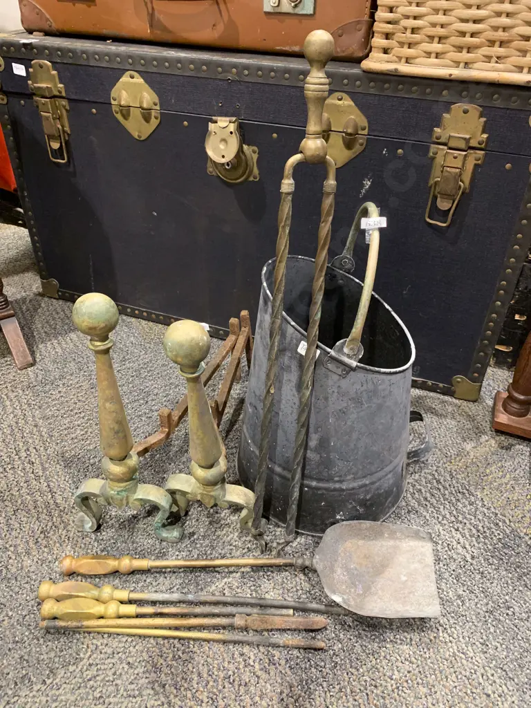 Pair of Brass Fire Dogs together with Assorted Fire Tidy Implements & Coal Bucket Image 1++