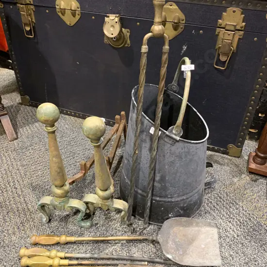 Pair of Brass Fire Dogs together with Assorted Fire Tidy Implements & Coal Bucket