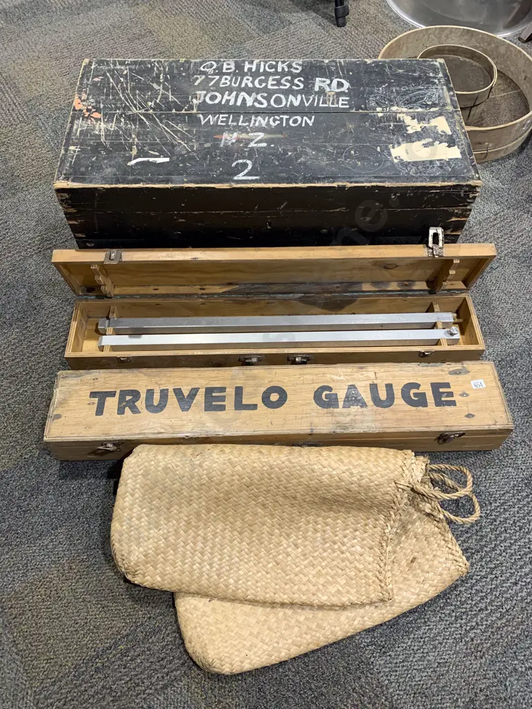 Two Cased Truvelo Gauge Survey Implements together with Wooden Trunk Image 1++