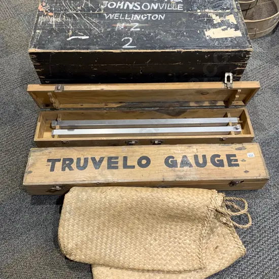 Two Cased Truvelo Gauge Survey Implements together with Wooden Trunk