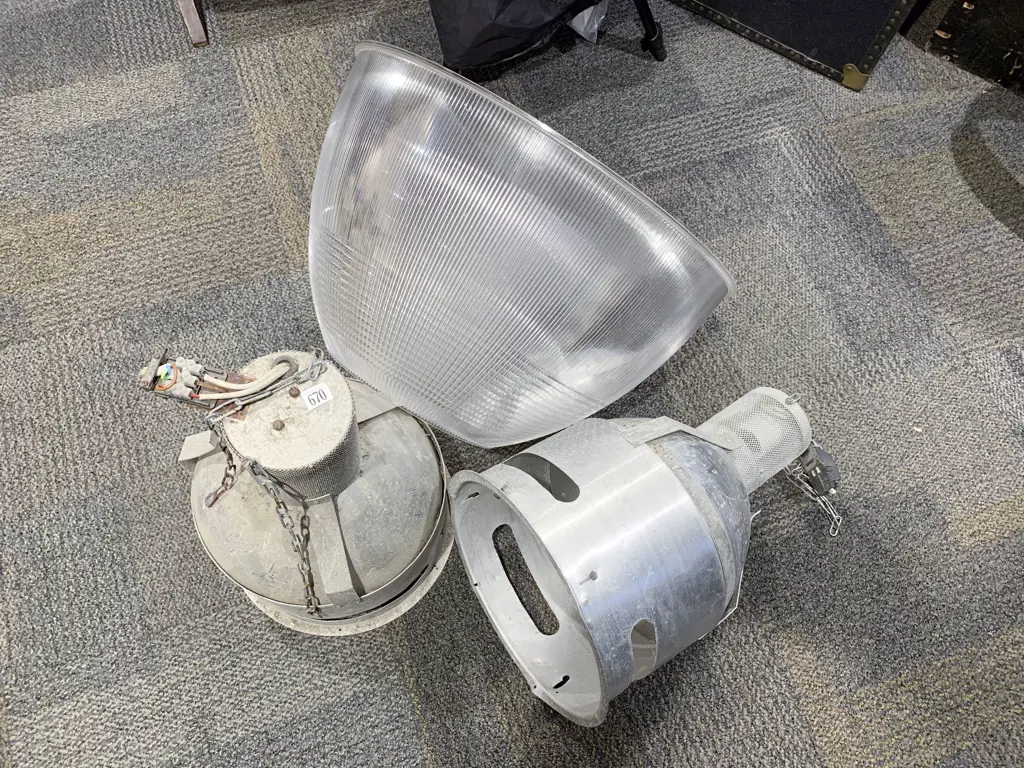 Two Industrial Light Fittings together with Large Plastic Light Shade Image 1++