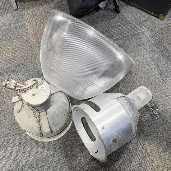 Two Industrial Light Fittings together with Large Plastic Light Shade