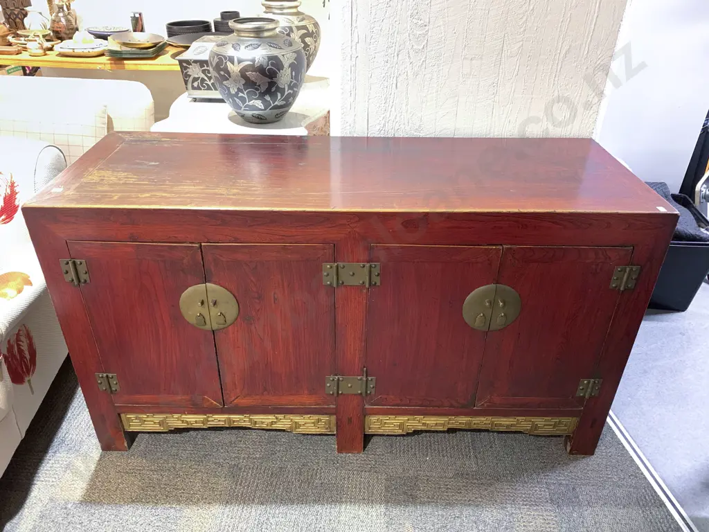 Chinese Red Lacquered Four Door Sideboard Image 1++