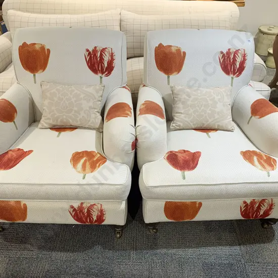 Pair of Floral Upholstered Roll Back Armchairs with Brass Castors