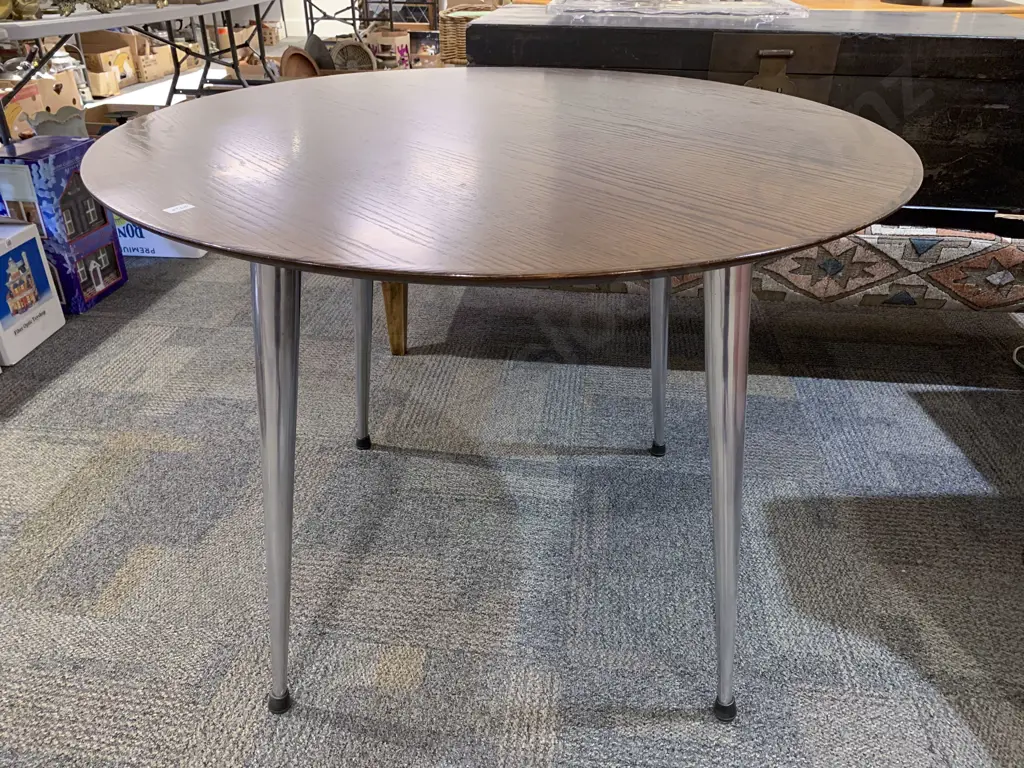 Modern Circular Oak Breakfast Table with Tapering Chrome Legs Image 1++