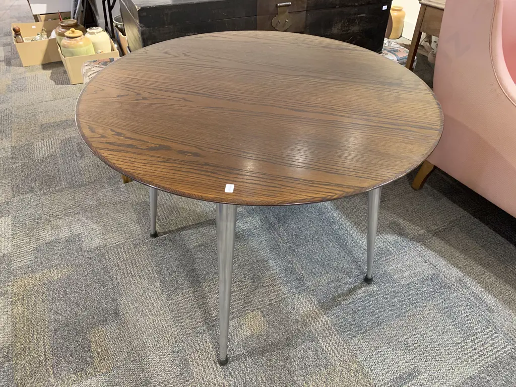 Modern Circular Oak Breakfast Table with Tapering Chrome Legs Image 1++