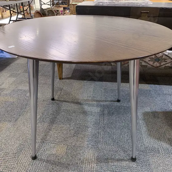 Modern Circular Oak Breakfast Table with Tapering Chrome Legs
