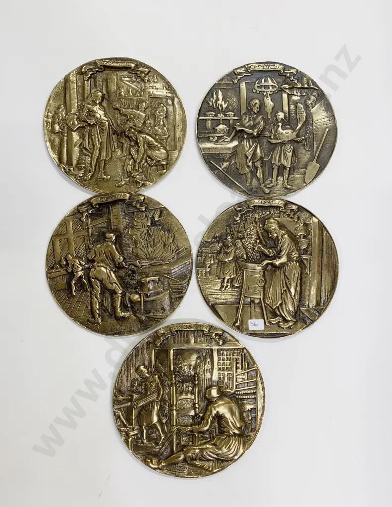 Set of Five Circular Embossed Brass Wall Plaques Image 1++