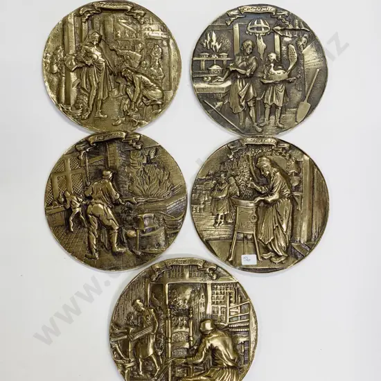 Set of Five Circular Embossed Brass Wall Plaques