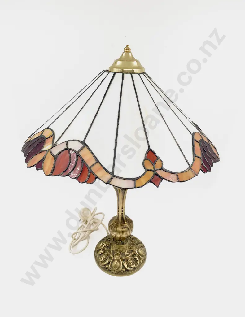 Brass Table Lamp with Tiffany Style Glass Shade Image 1++