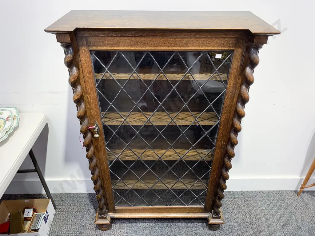Edwardian Oak Inverted Breakfront China Cabinet with Leadlight Glazed Door Image 1++