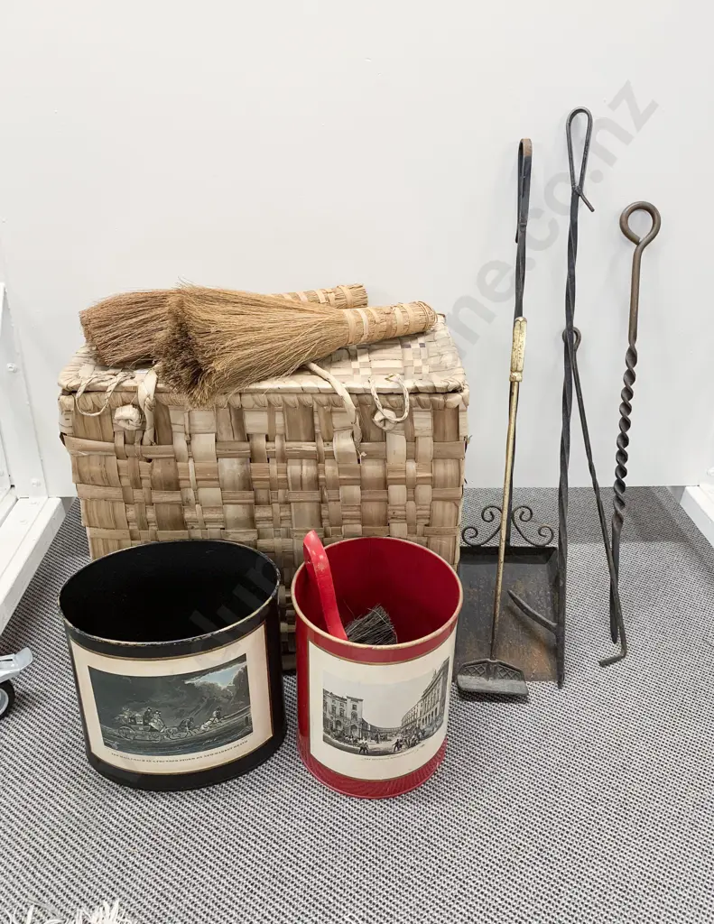 Quantity of Assorted Fire Tidy Implements in Woven Basket Image 1++