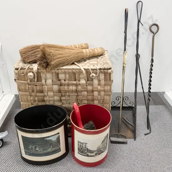 Quantity of Assorted Fire Tidy Implements in Woven Basket