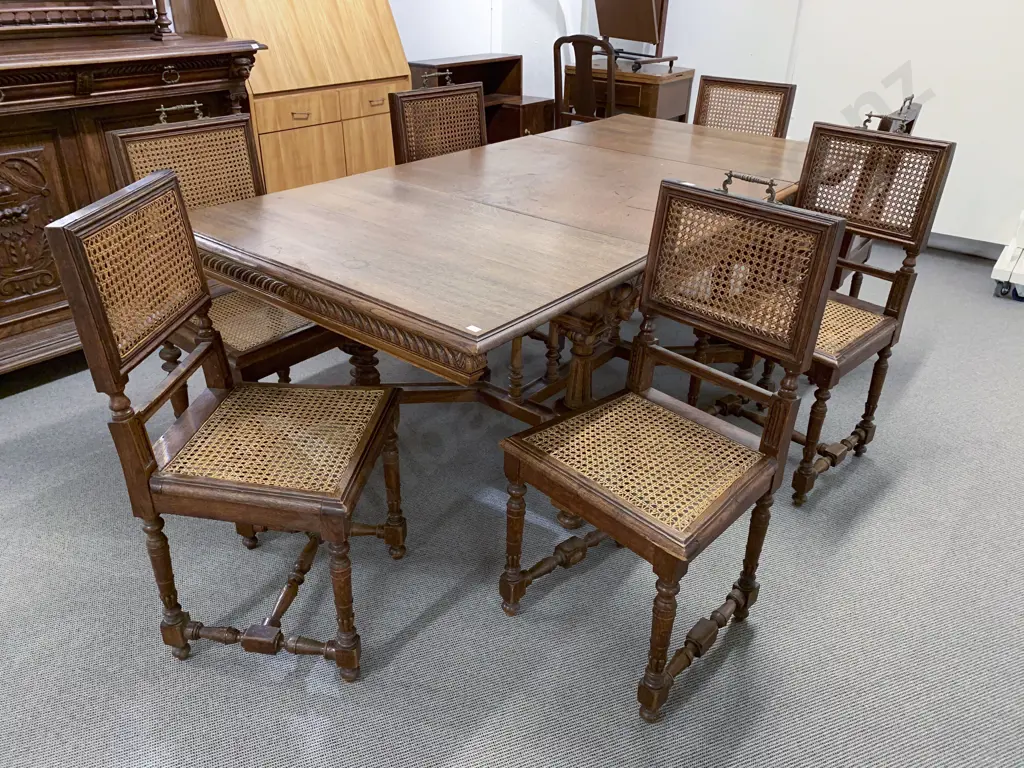 Late C19th Belgian Oak Extension Dining Table together with Seven Matching Chairs Image 1++