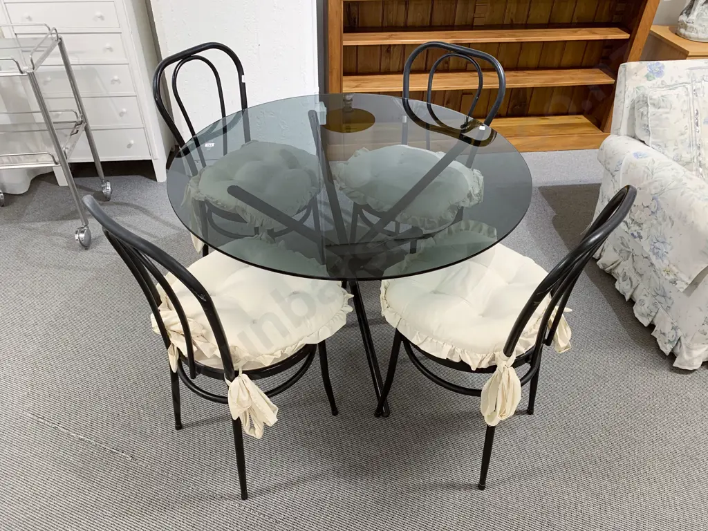 Circular Glass Top Dining Table with Metal Base & Four Matching Chairs Image 1++