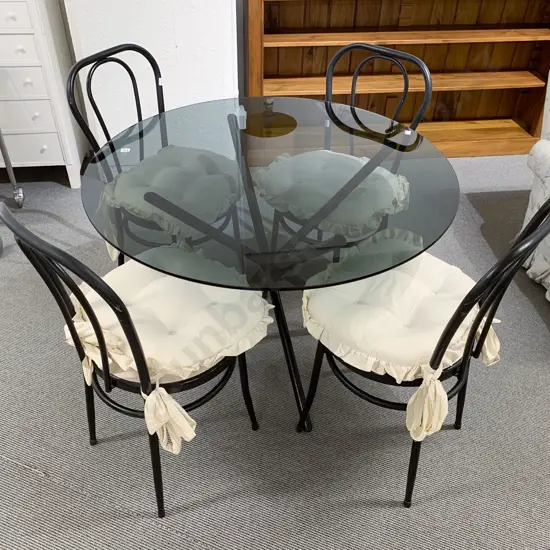 Circular Glass Top Dining Table with Metal Base & Four Matching Chairs