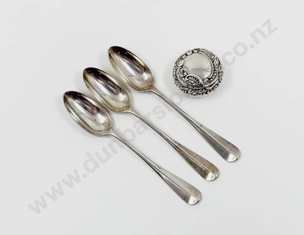 Victorian S/S Embossed Pill Box with Three S/S Spoons Image 1++