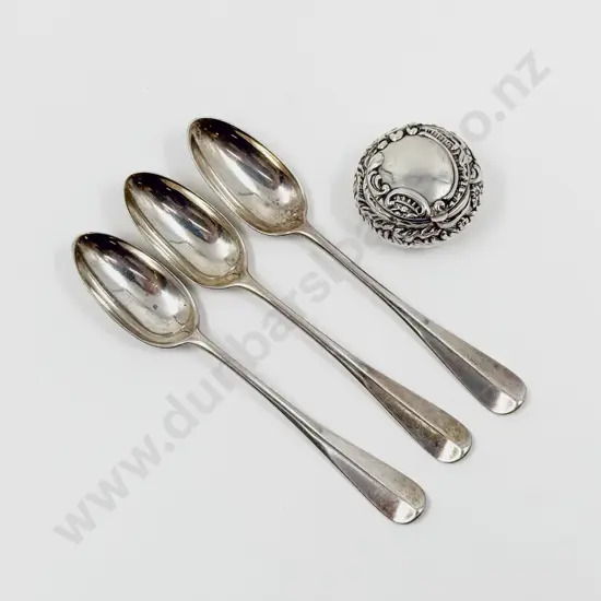 Victorian S/S Embossed Pill Box with Three S/S Spoons