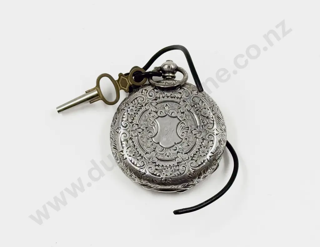 .935 Silver Hunter Case Key Wind Engraved Pocket Watch Image 1++