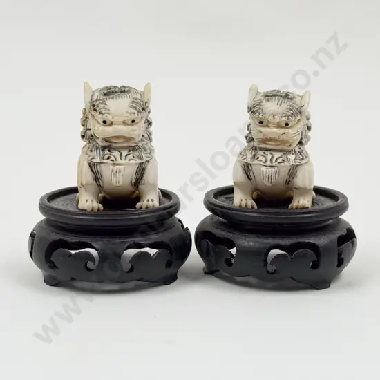 Pair of Small Ivory Fu Dogs on Associated Stands