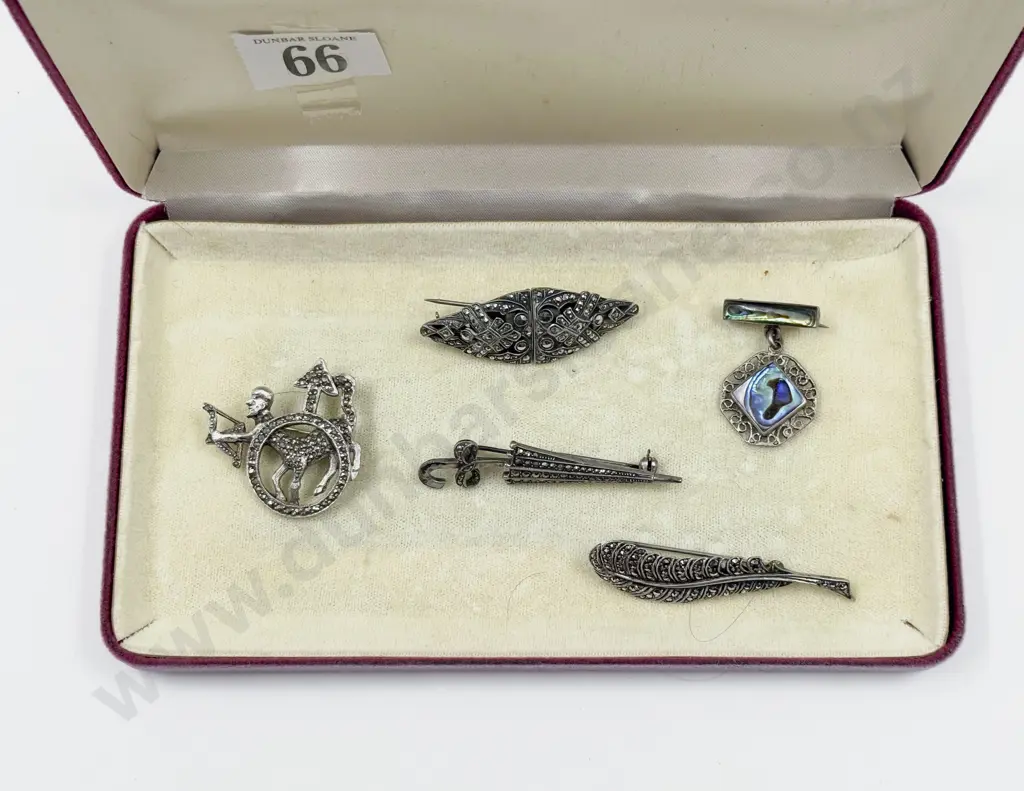 Four Sterling Silver and Marcasite Brooches with One Other Image 1++