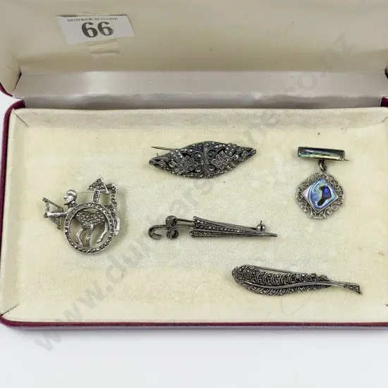 Four Sterling Silver and Marcasite Brooches with One Other