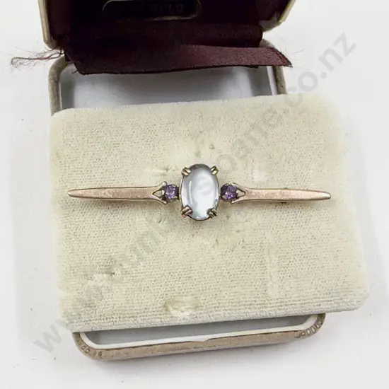 Victorian 9ct Moonstone and Amethyst Bar Brooch