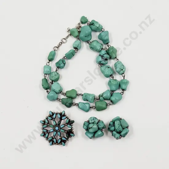 Single Strand Turquoise Necklace Brooch and Earrings