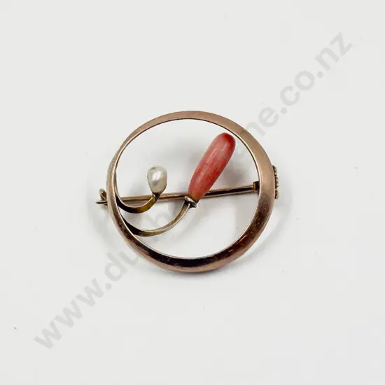 Victorian 9ct Two Stone Coral and Pearl Circular Brooch