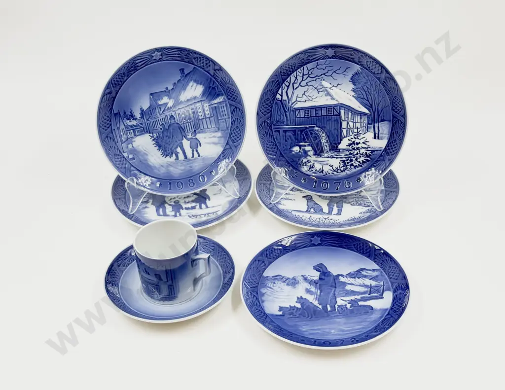 Royal Copenhagen Christmas Cup and Saucer Together with Five Royal Copenhagen Christmas Plates Image 1++