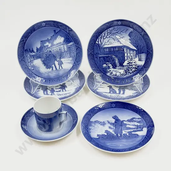 Royal Copenhagen Christmas Cup and Saucer Together with Five Royal Copenhagen Christmas Plates