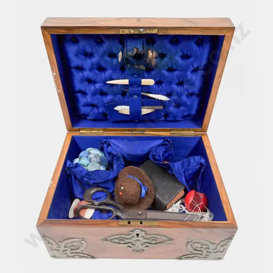 Brass Bound Walnut Sewing Box with Assorted Sewing Accessories
