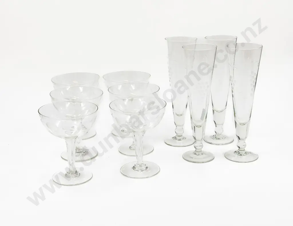 Six Etched Glass Hollow Stemmed Champagne Glasses together with Four Other Glasses Image 1++