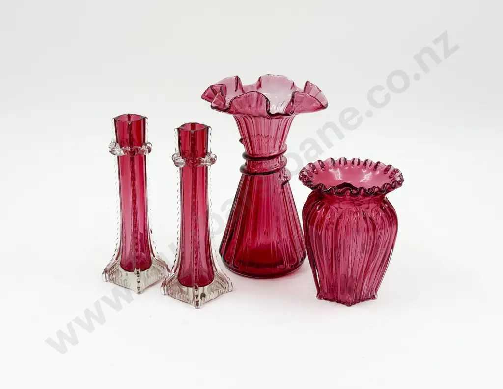 Four Pieces of Assorted Cranberry Glass Image 1++