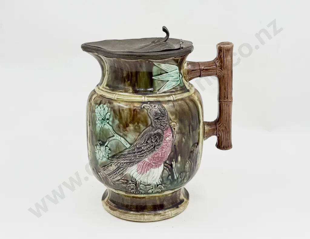 Late C19th Unmarked European Shallow Relief Majolica Ewer With Pewter Mount Image 1++