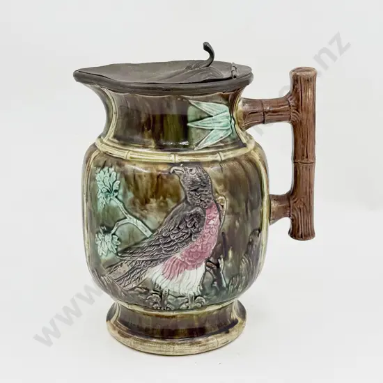 Late C19th Unmarked European Shallow Relief Majolica Ewer With Pewter Mount