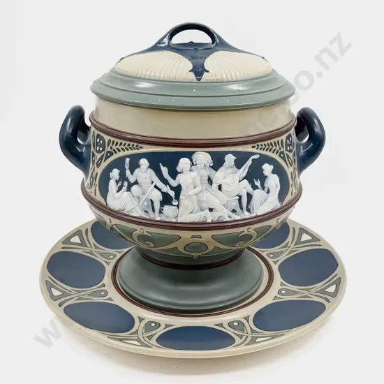 Arts & Crafts Mettlach Large Lidded Soup Tureen on Tray