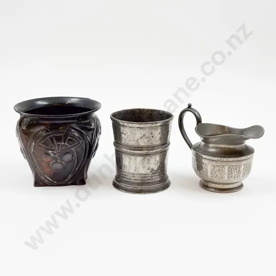 Small Art Nouveau Cast Metal Vase together with English Pewter Jug & Other