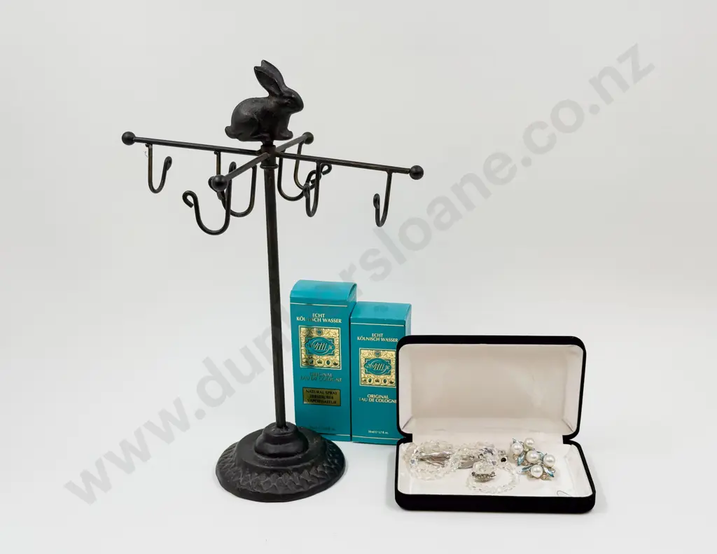 Small Dressing Table Necklace Stand with Costume Jewellery and Pair of Boxed German Cologne Image 1++