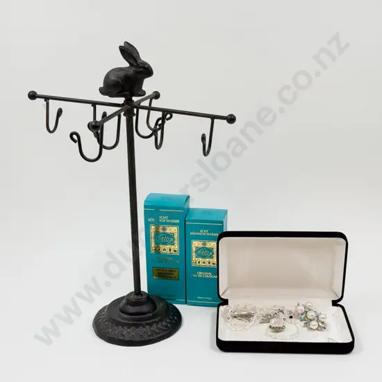 Small Dressing Table Necklace Stand with Costume Jewellery and Pair of Boxed German Cologne
