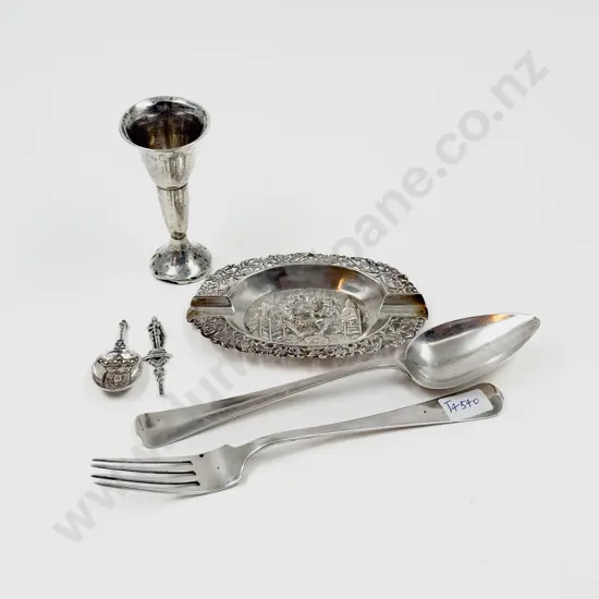 Silver Small Specimen Vase with Silver Fork and Spoon and two Others (faults)