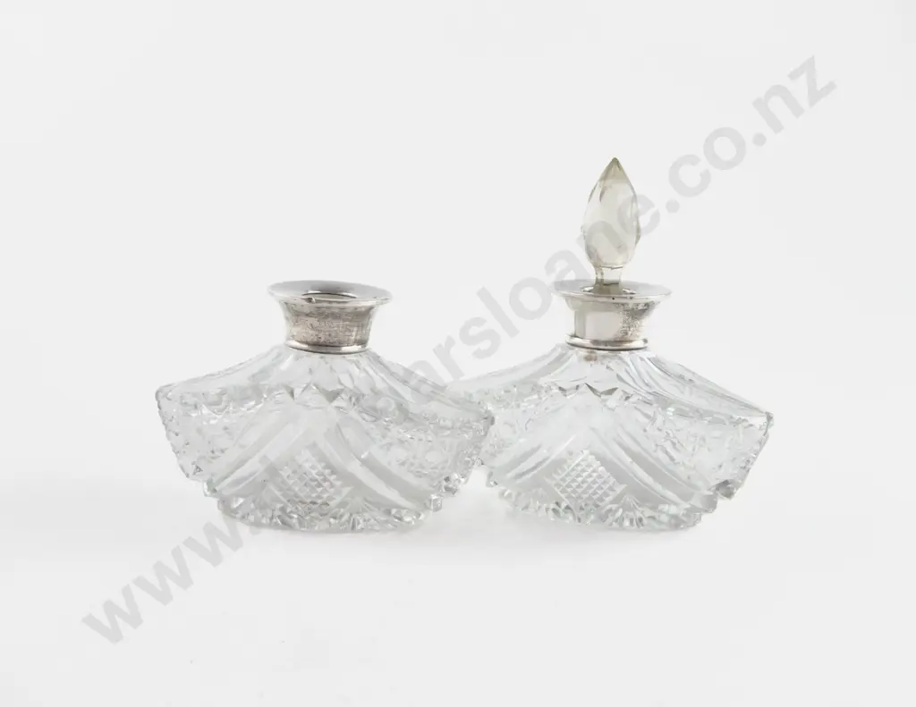Pair Geo V S/S Topped Cut Glass Scent Bottles Image 1++