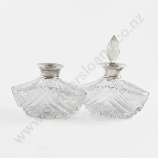 Pair Geo V S/S Topped Cut Glass Scent Bottles