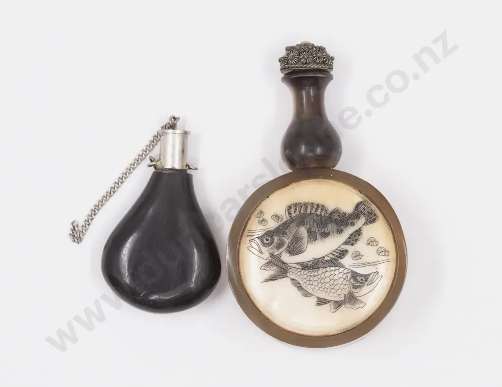 Horn and Bone Snuff Bottled Decorated with Salmon and Plain Horn Bottle Image 1++