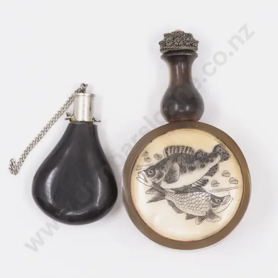 Horn and Bone Snuff Bottled Decorated with Salmon and Plain Horn Bottle