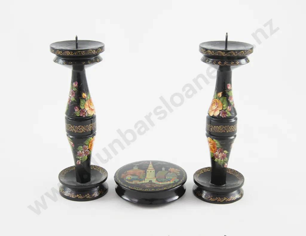 Pair Russian Black Lacquered & Painted Candlesticks Image 1++